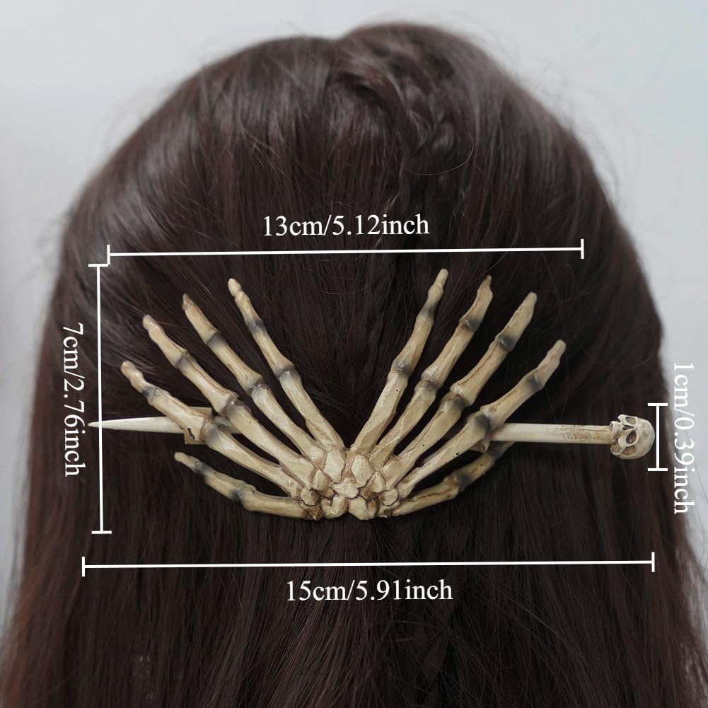 Skeleton Hand Hair Stick with Skull, Gothic Bone Hair Slide Barrette for Women, Halloween Cosplay Costume Hairpin, Faux Bone Res