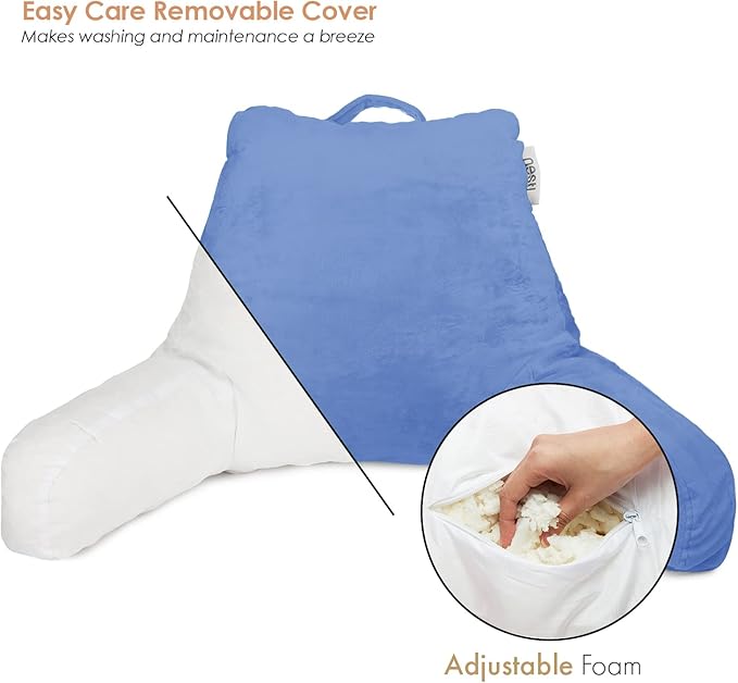 Nestl Reading Pillow Standard Bed Pillow, Back Pillow for Sitting in Bed Shredded Memory Foam Chair Pillow, Reading & Bed Rest Pillows Calm Blue Back Pillow for Bed, Bed Chair Arm Pillow with Pockets