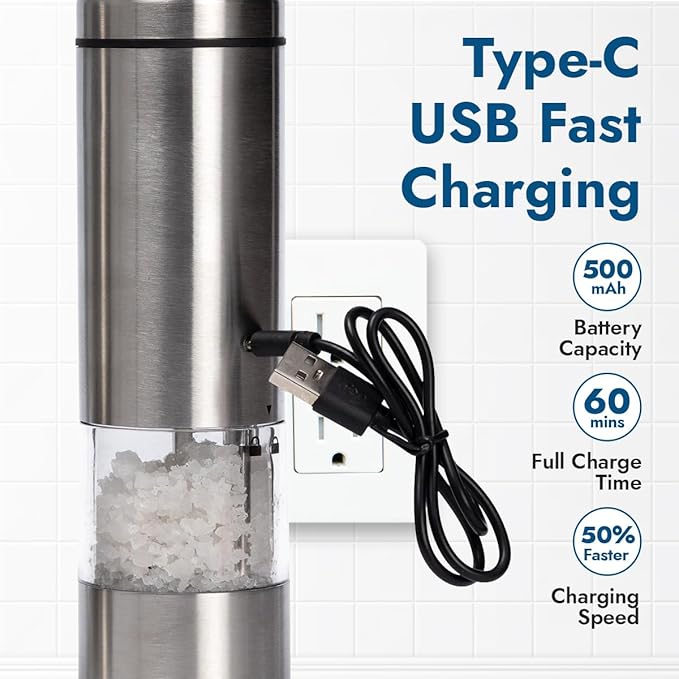 Electric Salt & Pepper Grinder Set – USB-C Rechargeable Stainless-Steel Mills & Shakers with LED Light, Adjustable Ceramic Grinders & Acrylic Rest Tray