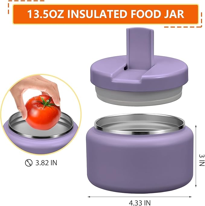 13.5oz Kids Jar for Hot Food, Insulated Vacuum Food Jar with Buckle Lid, Stainless Steel Wide Mouth Leak Proof Insulated Lunch Container for School Picnic Travel,Purple