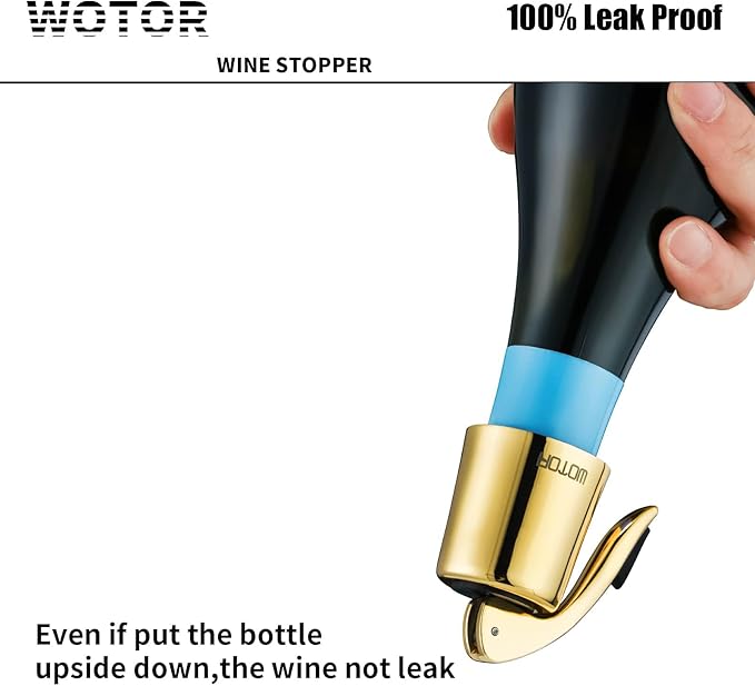 WOTOR Stainless Steel Wine Bottle Stoppers with Silicone - Reusable Wine Saver and Decorative Bottle Sealer, Leakproof, Keep Fresh, Gold, 2 Pack