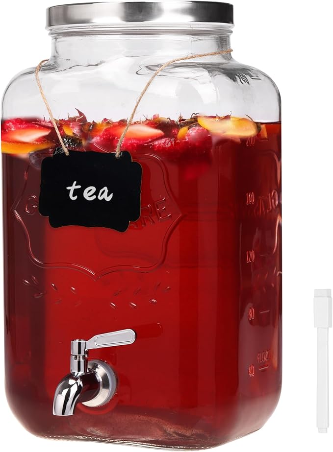Moretoes 2 Gallon Glass Drinks Dispenser for Parties, Sun Tea Glass Jar for Outside Beverage Dispenser with Stainless Steel Spigot and Lid for Juice and Iced Tea, Pitcher
