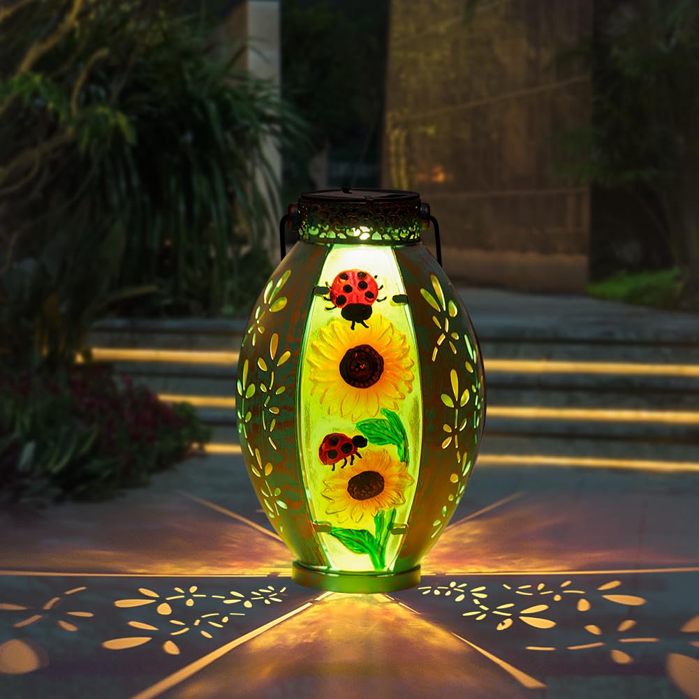 VEWOSTAR Solar Lanterns Outdoor Waterproof Sunflower Design, Small Size, Glass & Metal for Tabletop Patio Porch Decor