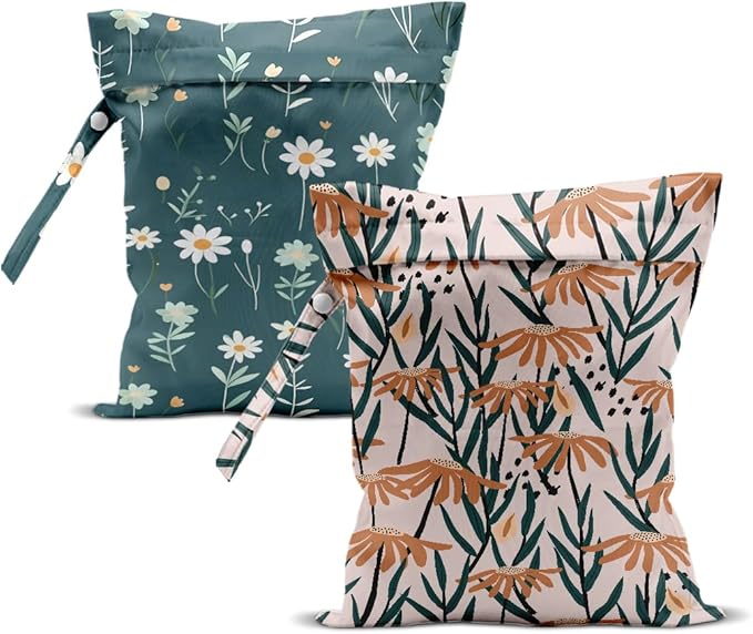 2Pcs Wild Flower Wet Bag 12x10 Inch, Daisy Waterproof Travel Laundry Bags, Floral Washable Reusable Wet Dry Bag for Swimsuit Pool Beach Diapers Dirty Yoga Gym Clothes, Flowers Gifts for Women Friend