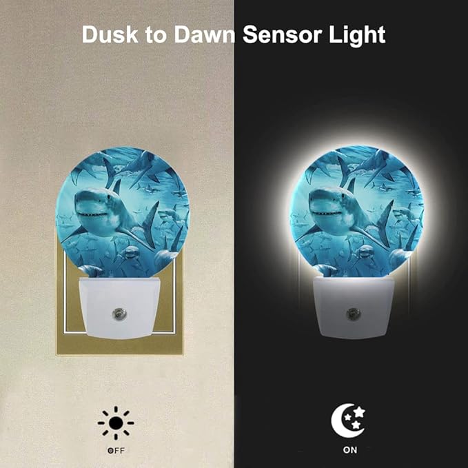 EKOBLA Shark Plug-in Nightlights Undersea Fishes Aquatic Creatures Ocean Sea Plug-in Nightlights Nautical Coastal Blue Decorative Night Light with Dusk-to-Dawn Sensor 0.5W Sleep Friendly