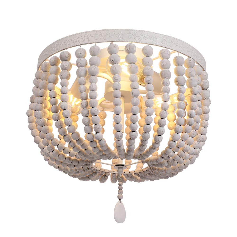 Firvre Wooden Bead Chandelier - Bohemian Rustic Ceiling Light For Dining Room, Bedroom, Kitchen - Grey White - Model 005