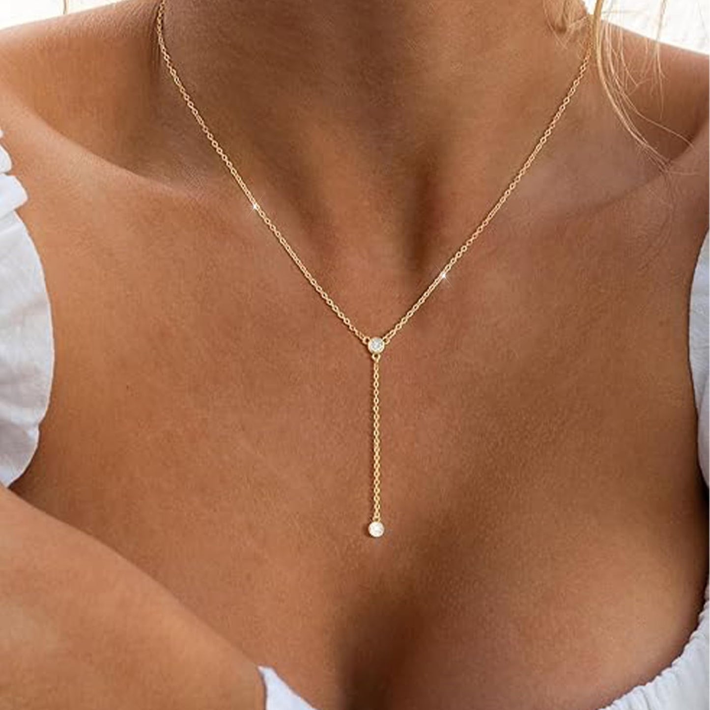 HERIER Lariat Gold Necklace for Women 14k Gold Plated Dainty Long Y Necklaces CZ Pendant Drop Choker Necklace Trendy Simple Gold