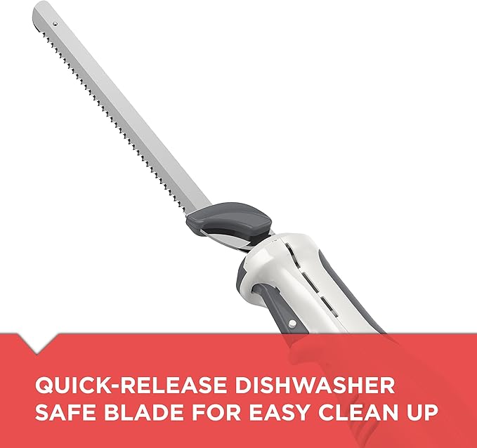 BLACK+DECKER 9 inch Electric Carving Knife, Comfort Grip Handle & Safety Lock Button, Stainless Steel Blades and Dishwasher Safe Parts, Corded, White