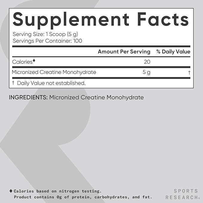 Sports Research Creatine Monohydrate - Gain Lean Muscle, Improve Performance and Strength and Support Workout Recovery - 5 g Micronized Creatine - 1.1LBS