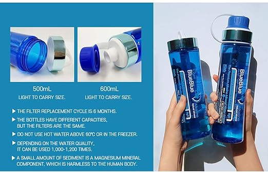 Mymi BlueBlue Alkaline Mineral 9 Stage Filter Water Bottles Alkaline Mineral Water Ionizer Portable Water Bottle (Filter Bottle 500 ML) Made in Korea