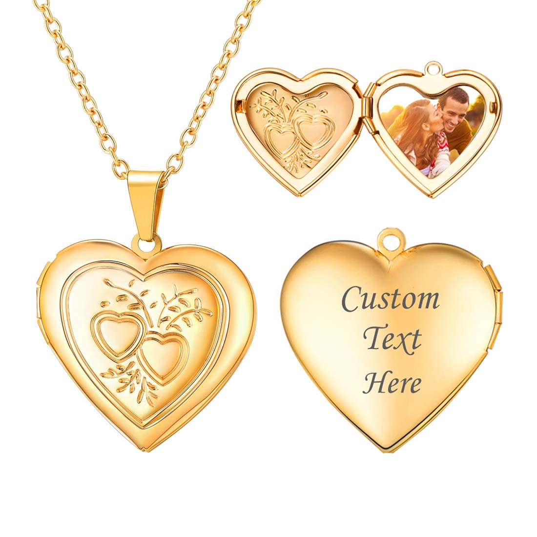 U7 Women Locket Necklace 18K Real Gold Plated Link Chain Heart & Heart Pendant for Photo