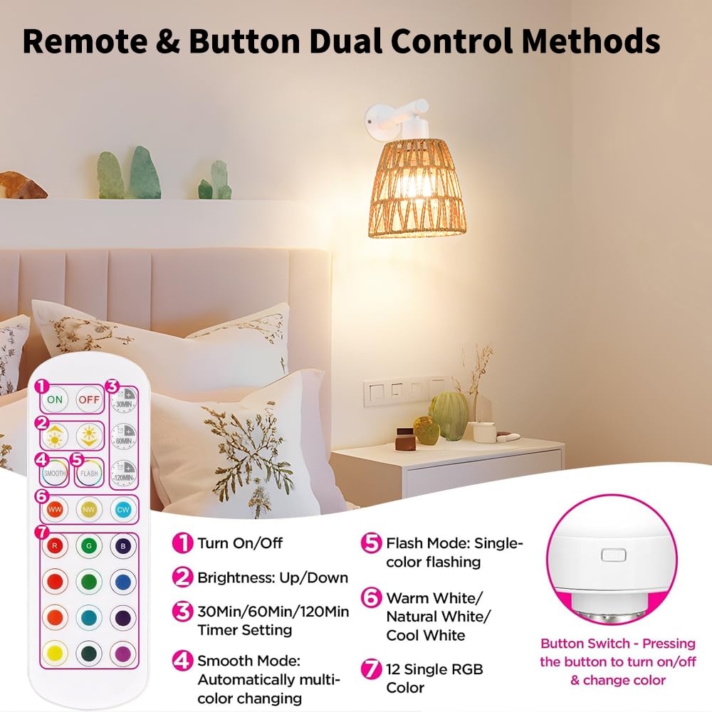Battery Operated Wall Sconce Set Of 2  Boho Usb Rechargeable Wall Lamp  White Farmhouse Rattan Sconce Lighting With Remote  Rgb 15 Colors Modes Rechargeable Wall Lights For Bedroom Livingroom Hallway