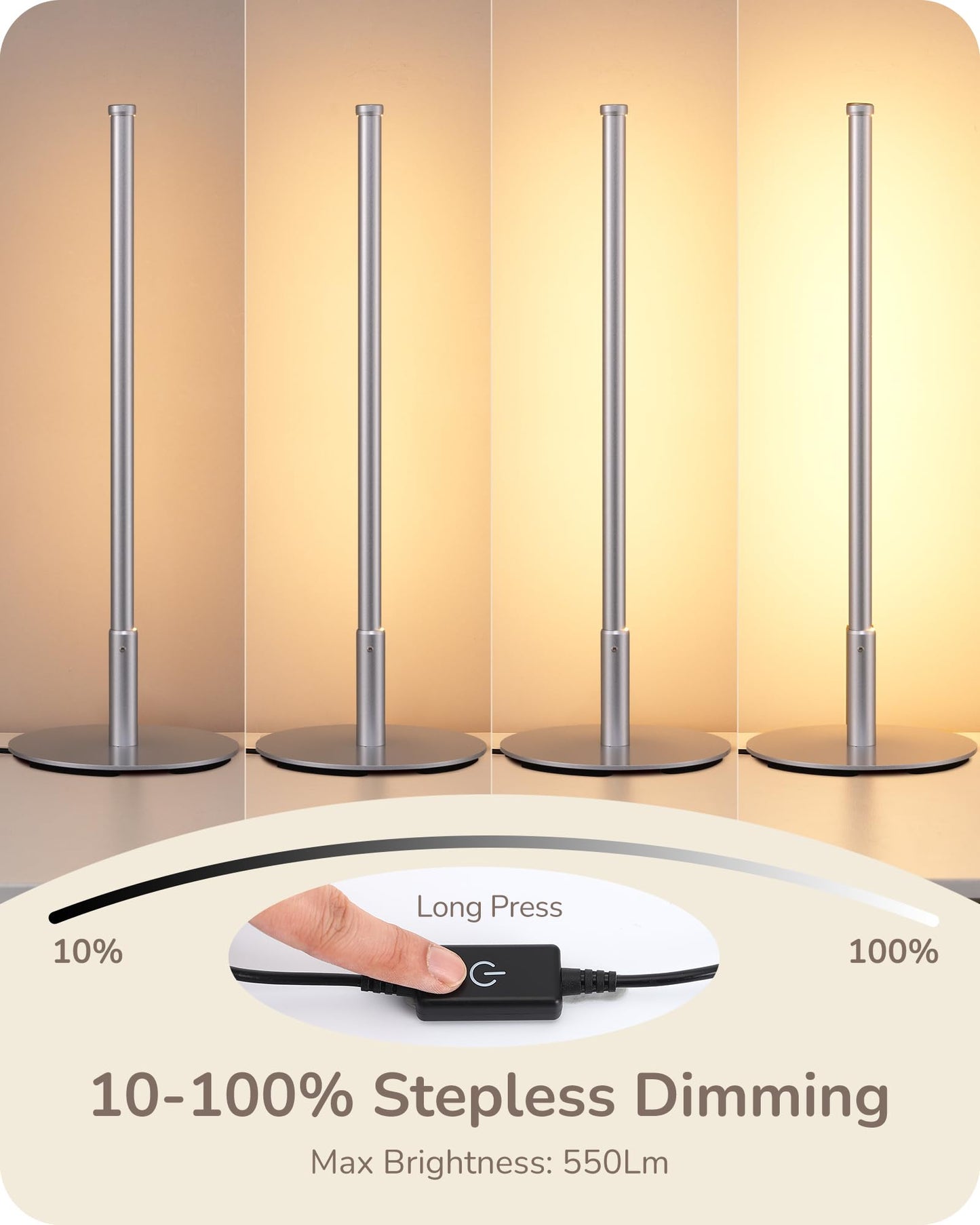 EDISHINE LED Table Lamp - Minimalist Design, 3 Dimmable Color Temperatures, Touch Control, Silver Finish, 6W