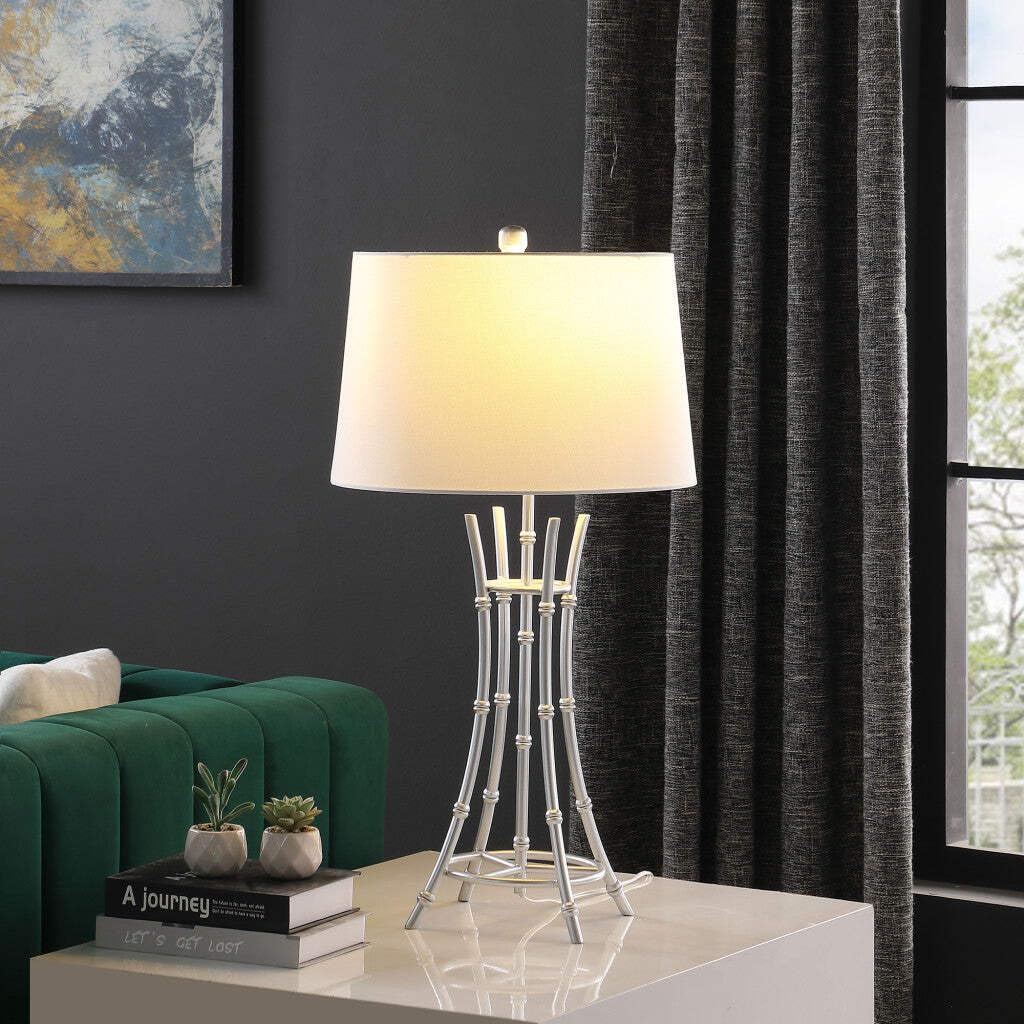HomeRoots Table Lamp Silver Bamboo Design Off White Drum Shade 29.25inx16inx16in Model 524250