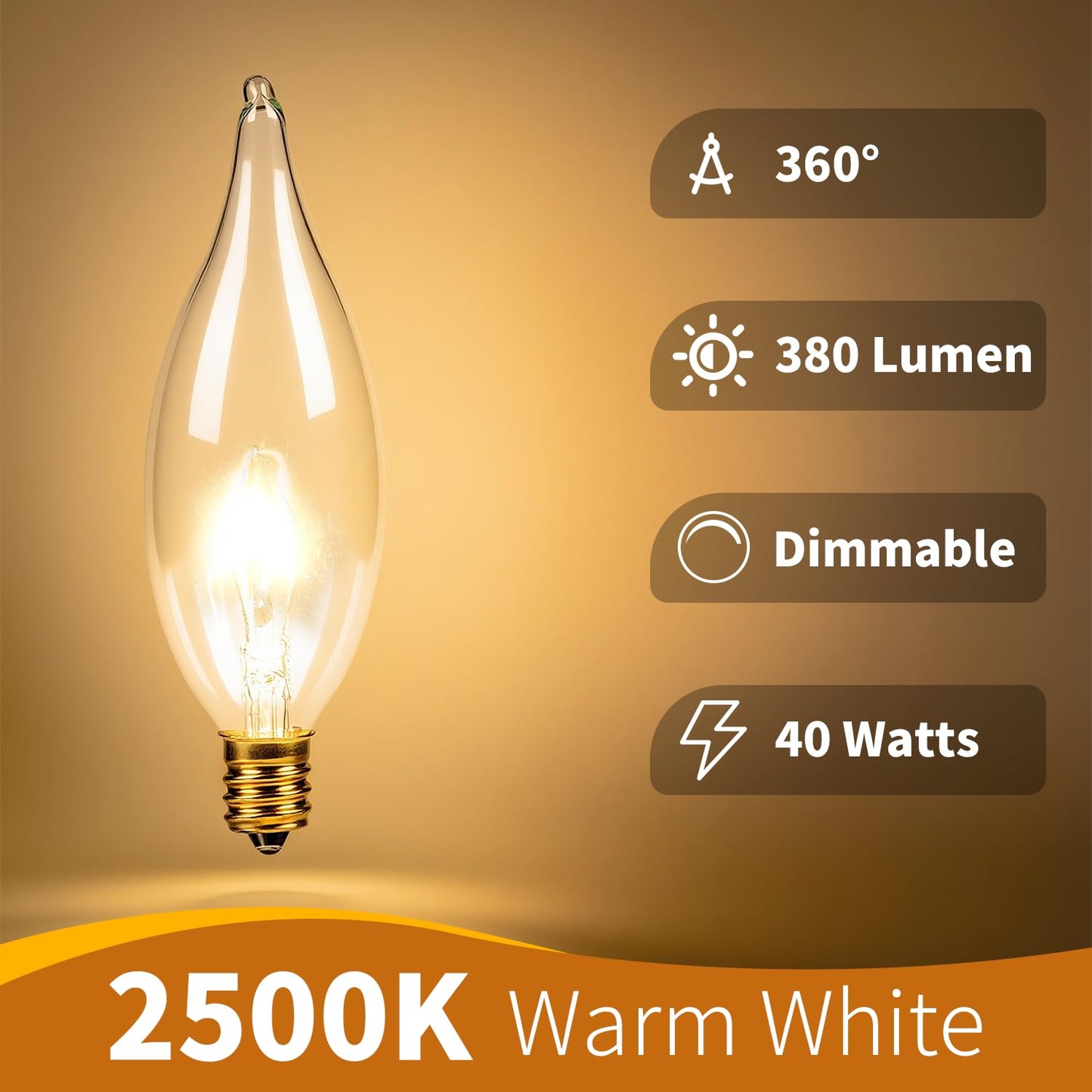 CYLYT 12-Pack E12 Candelabra Light Bulbs 40W, Warm White 2500K, 380 Lumen Dimmable Chandelier Light Bulb for Ceiling Fan, CA10 Gold Base for Candle Bulbs, Clear Glass