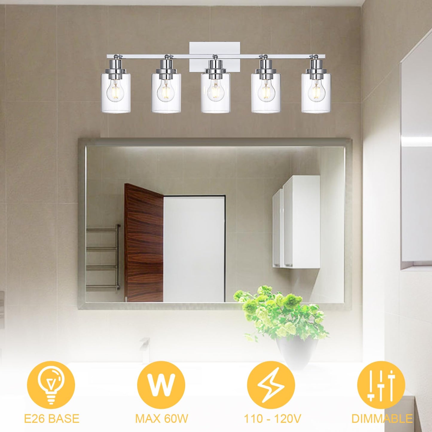 Wanluce 5-Light Track Lighting Kit Ceiling Kitchen Track Lighting Fixtures Chrome Bathroom Vanity Wall Lights With Clear Glass Multi-Directional Rotating Tracking Light Heads Spotlight For Accent Shop