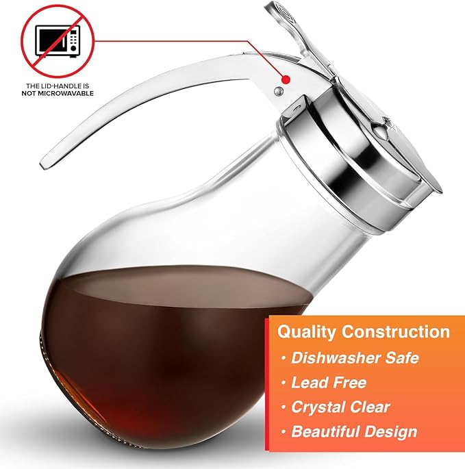 Glass Syrup Dispenser 14 oz – No-Drip Honey Dispenser for Maple Syrup, Dressings & Sauces – Durable Clear Glass, Easy Pour Spout, Leak-Proof Lid
