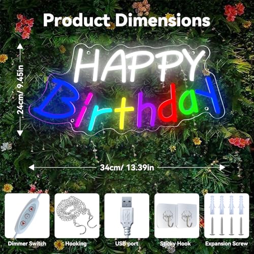 Happy Birthday Light Up Sign,Birthday Partys Decor Dimmable LED Happy Birthday Neon Sign,Neon Lights for Wall Decor Happy ...