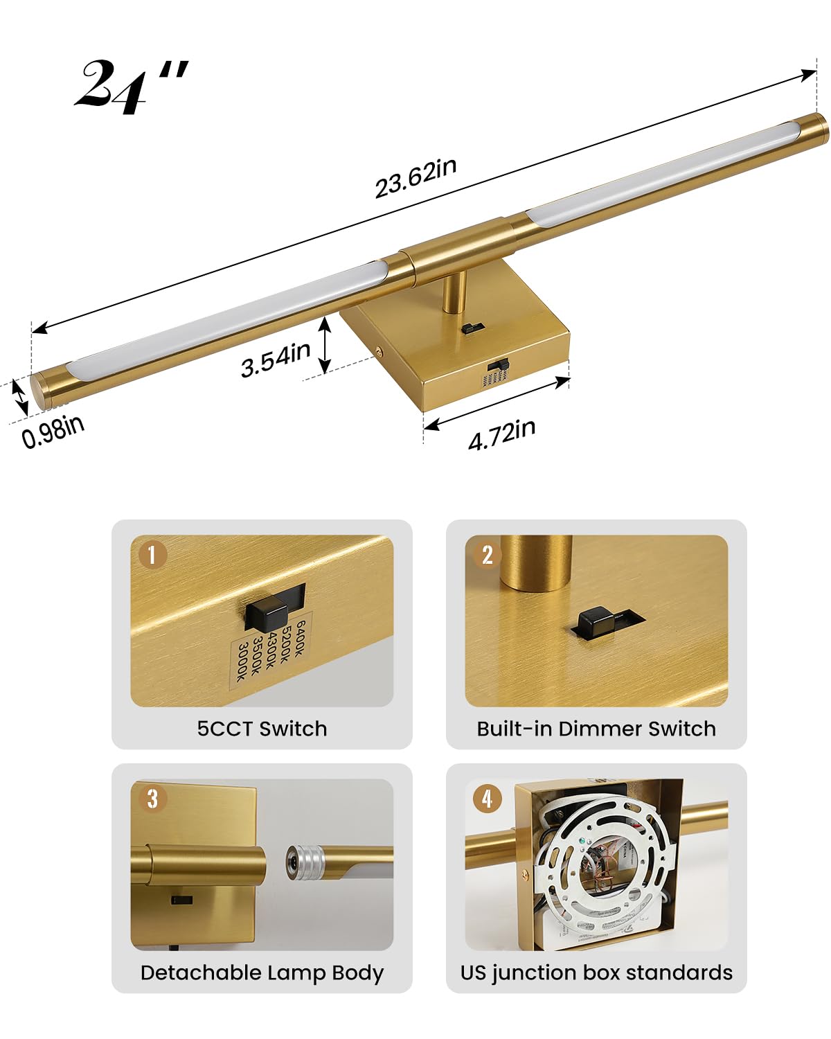 Faziyo Gold Vanity Light Fixtures for Bathroom Over Mirror 24 inch LED Bath Sconces IP44 5CCT Adjustable Morden Picture Lights for Paintings (Built-in Dimmer)