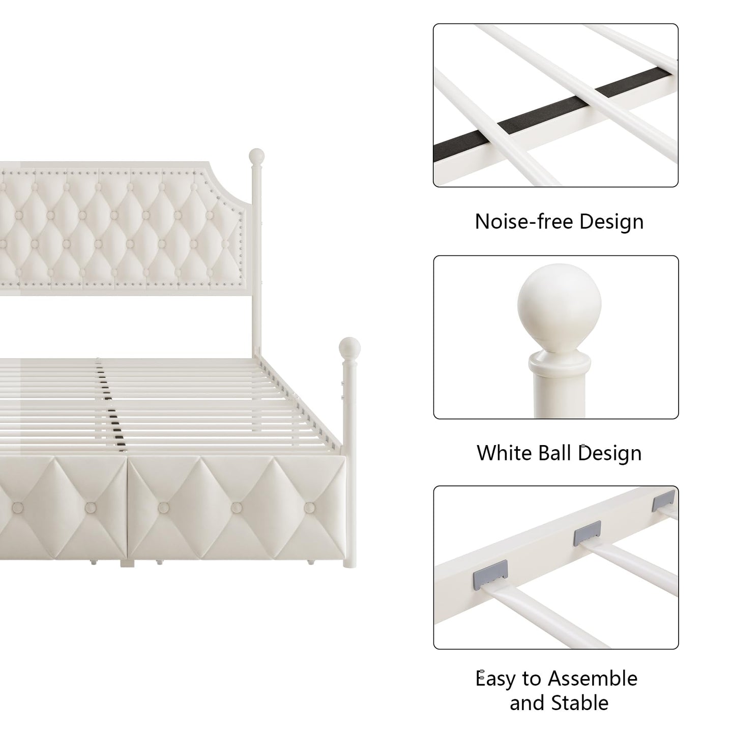 Keyluv Queen Upholstered Canopy Bed Frame with 2 Storage Drawers & Button Tufted Headboard, Metal Platform Bed with 4 Removable Posts, Two-Purpose Velvet Bed, Beige/Curtain Not Included