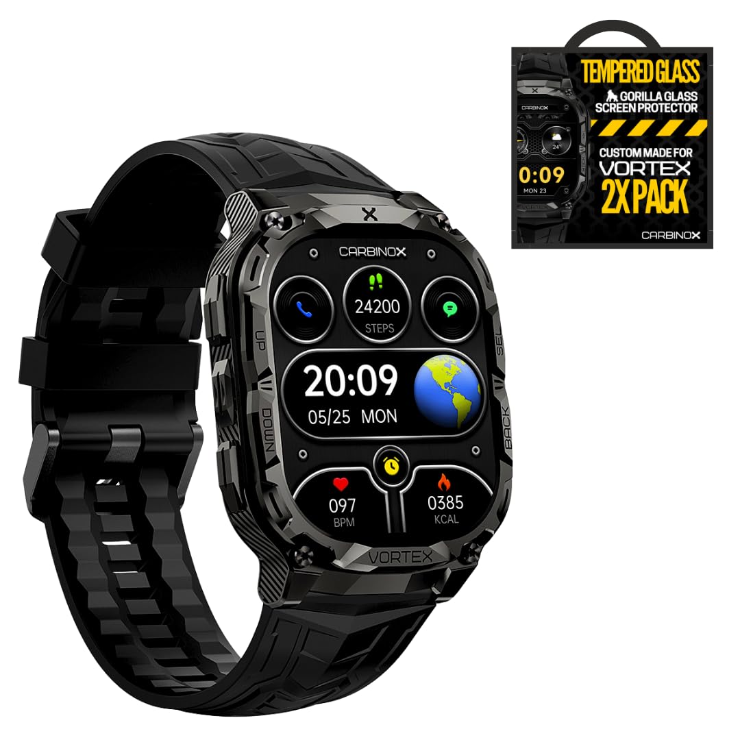 CARBINOX Vortex Smart Watch with Tempered Glass (2 Pack), Rugged Fitness Tracker IP69K Waterproof Compatible with Android and iOS Phone, 14 Days of Battery Military Durable