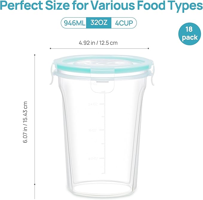 Vtopmart 18 Pack 32oz Deli Containers with Airtight Lids, Soup Containers for Take-out, Plastic Food Storage Containers for Meal Prep, Salad, Fruit, Lunch, Microwave/Dishwasher/Freezer Safe