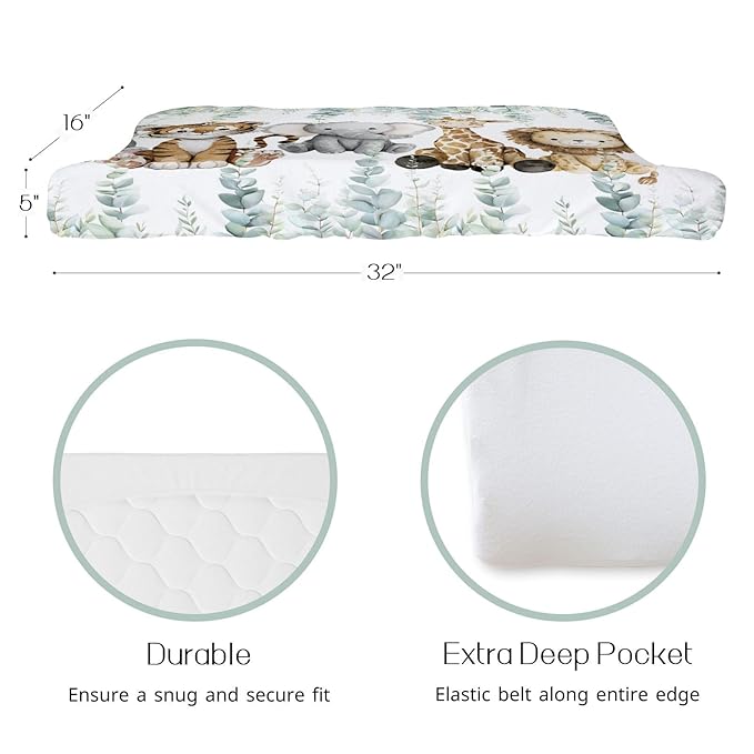 HawSkgFub African Safari Jungle Animals Eucalyptus Leaf Changing Pad Cover Baby Girl Boy, Giraffe Elephant Leopard Lion Zebra Diaper Change Table Sheet Soft Stretchy Safe Snug Fitted Fit 32"/34" x 16"