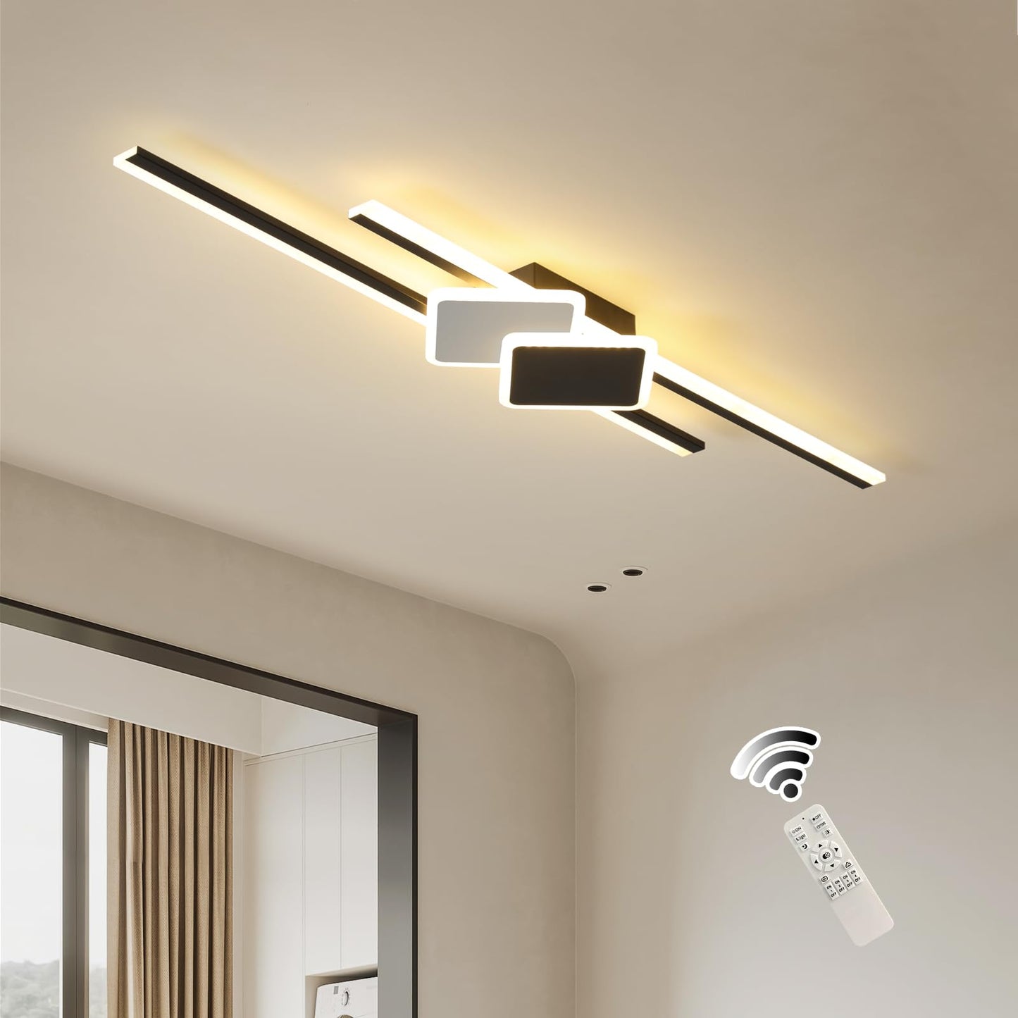 Qcyuui LED Ceiling Light Dimmable Acrylic Lamp with Remote Control 45W Linear Square 39.4in for Bedroom Kitchen Dining Room