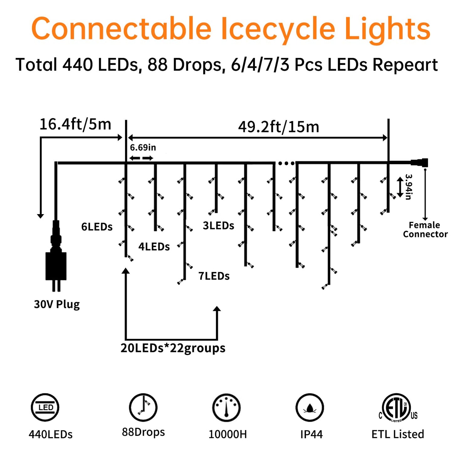 Blingstar Icicle Lights Outdoor 440 LED Warm White String Lights 49.2 Ft for Christmas Decor