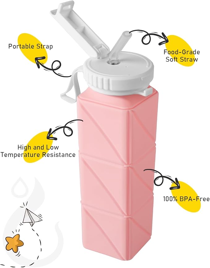 Opard Collapsible Water Bottles 21 Oz - BPA Free, Leak Proof, Foldable Silicone Collapse Water Bottle with Straw, Easy to Compact and Expandable, Travel Essentials Accessories (Blue + Pink)