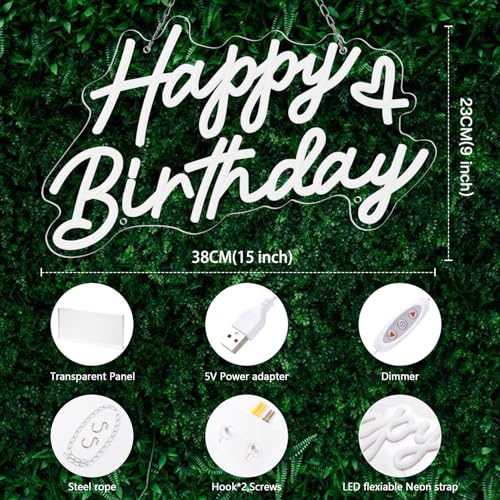Happy Birthday Neon Sign for Party and Wall Decor,15 * 9 inch Warm White Led Neon Light Signs with USB and Dimmer Switch,H...
