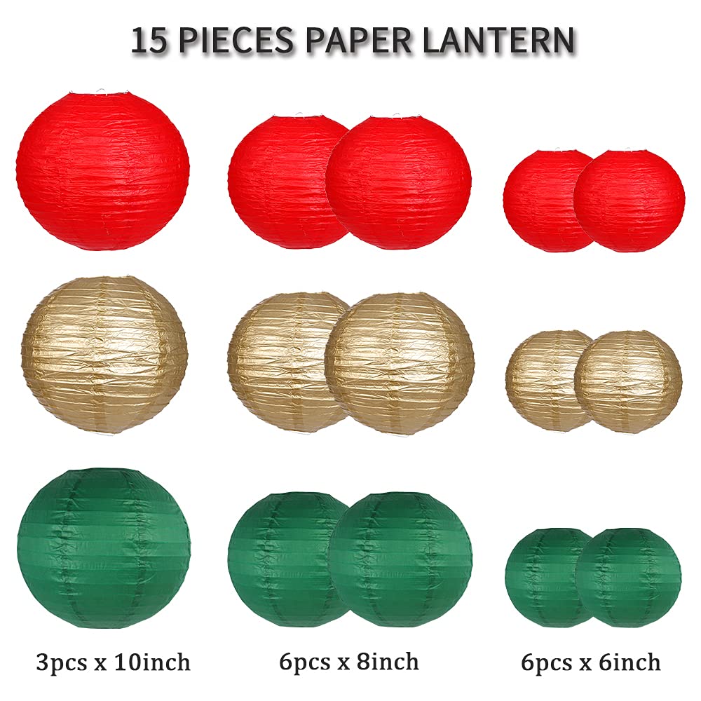 zilue Paper Lanterns 15pcs Decorative Party Supplies, Green/Red, Model PL1003, for Christmas Graduation Birthday Anniversaries
