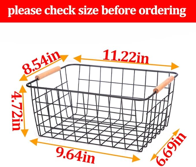 Metal Wire Food Storage Basket Organizer with Wooden Handles for Organizing Kitchen Cabinets, 4 Packs-Black
