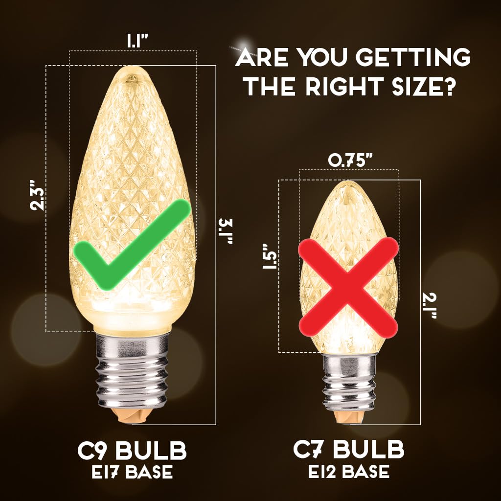Hlo Lighting C9 Christmas Lights Set Of 25 | Sun Warm White Led Bulbs For Indoor & Outdoor Use | Durable Acrylic Replacement Bulbs