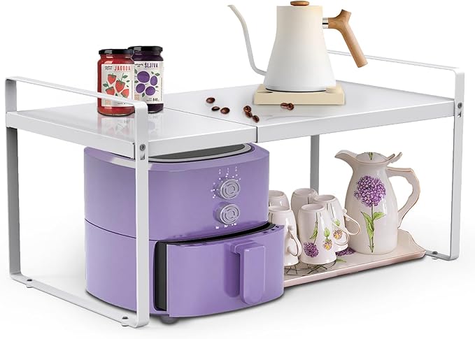 9'' Wide Expandable Cabinet Shelf Organizer Rack Adjustable Length 14''-26'' Pantry Shelf Spice Rack Heavy Duty Nonslip Kitchen Counter Storage Shelves Pantry Cupboard Under Sink Countertop, White