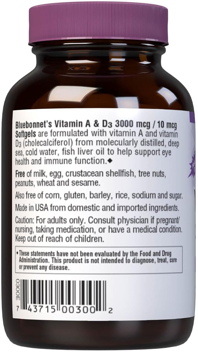Bluebonnet Nutrition Vitamin A & D3 10,000 IU/400 IU from Deep Sea, Cold Water, Fish Oil - For Eye Health & Immune Function* - Gluten Free -Dairy Free -Molecularly Distilled -100 Softgel/100 Servings