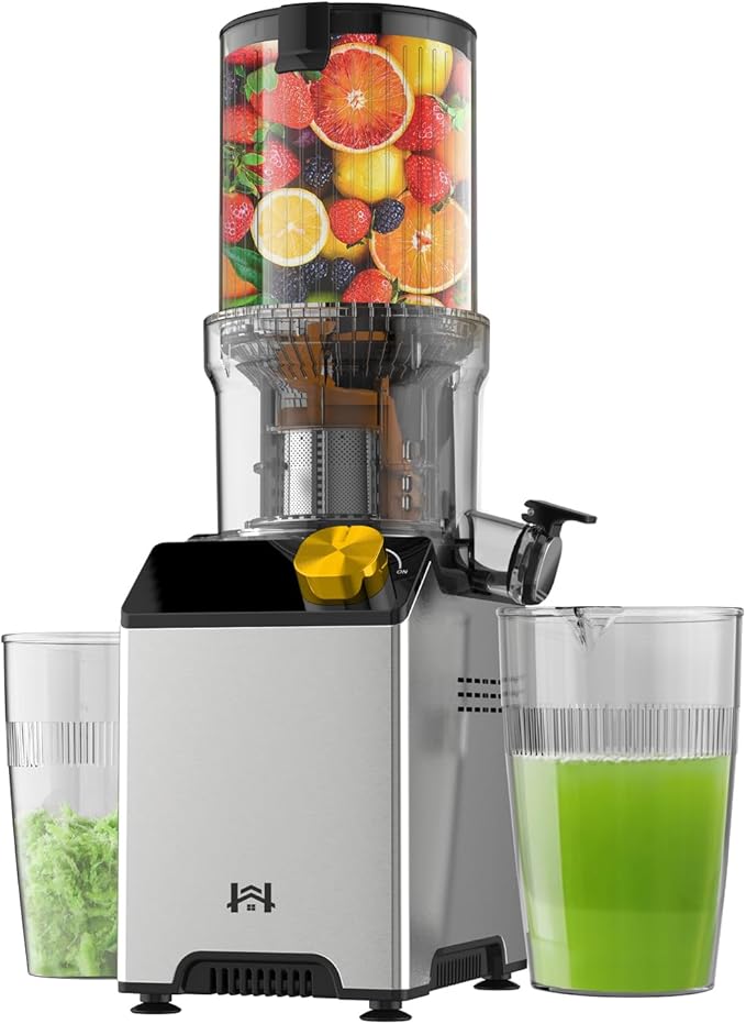 Cold Press Juicer, Juicer Machines with 4.35'' Wide Feed Chute, Stainless Steel Slow Masticating Juicers Easy to Clean, Ergonomic Operational Panel Design, High Juice Yield, Yellow Knob