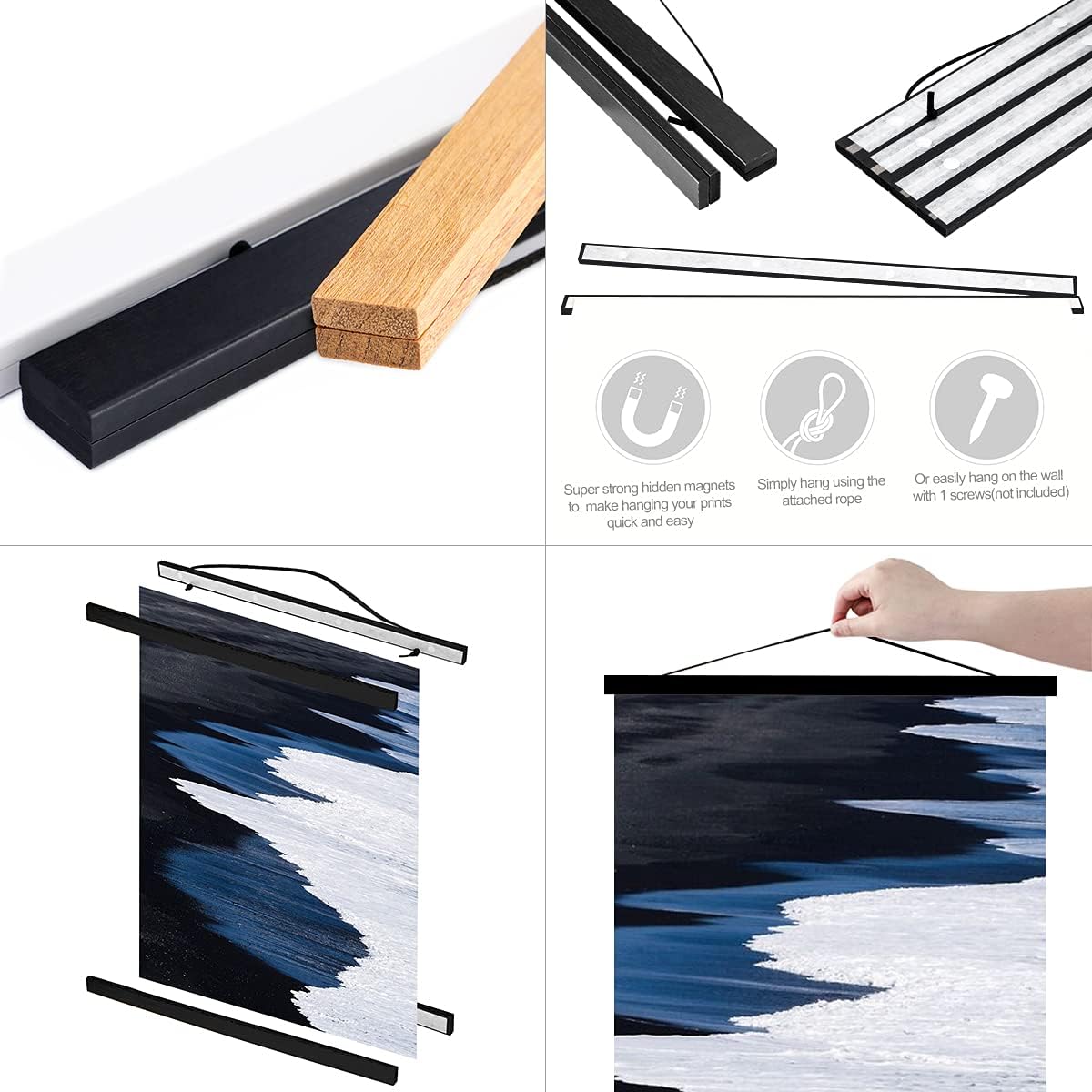 Ywlake Magnetic Poster Hanger, 18x24 18x12 18x24 Poster Frame Wood Wooden Magnet Print Posters Dowel Scroll Hanger Hangers Hanging Kit for Walls Map Canvas Artwork (Black, 18")