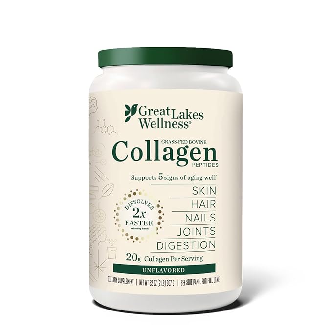 Great Lakes Wellness Bovine Collagen Peptides Powder for Skin, Hair, Nails, Joints & Digestion - Unflavored - Quick Dissolve Hydrolyzed, Wild Caught, MSC Certified, Non-GMO, Kosher - 32 oz