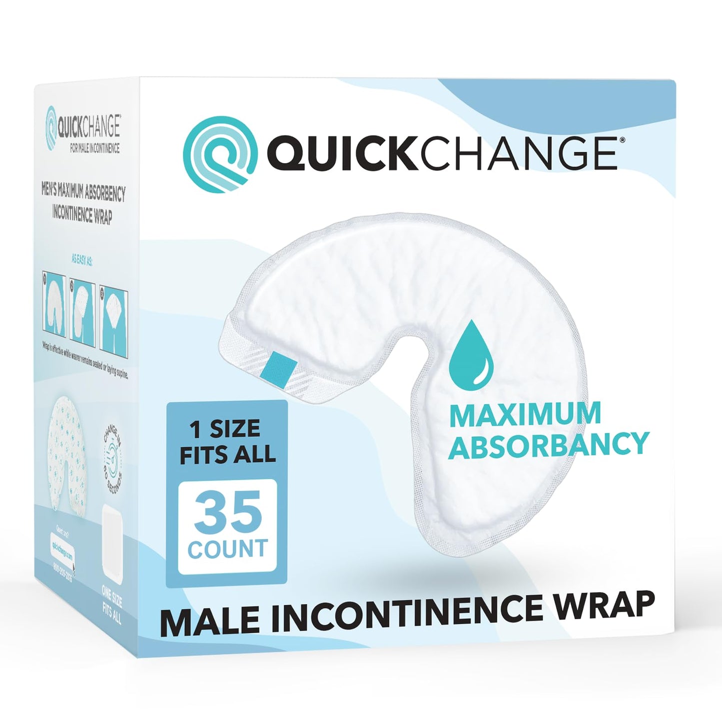 QuickChange Men's Incontinence Wrap, 1 Week Supply (35 Count), Catheter Alternative and/or Adult Diaper Insert for Men with Reduced Mobility, Maximum Absorbency, OSFA