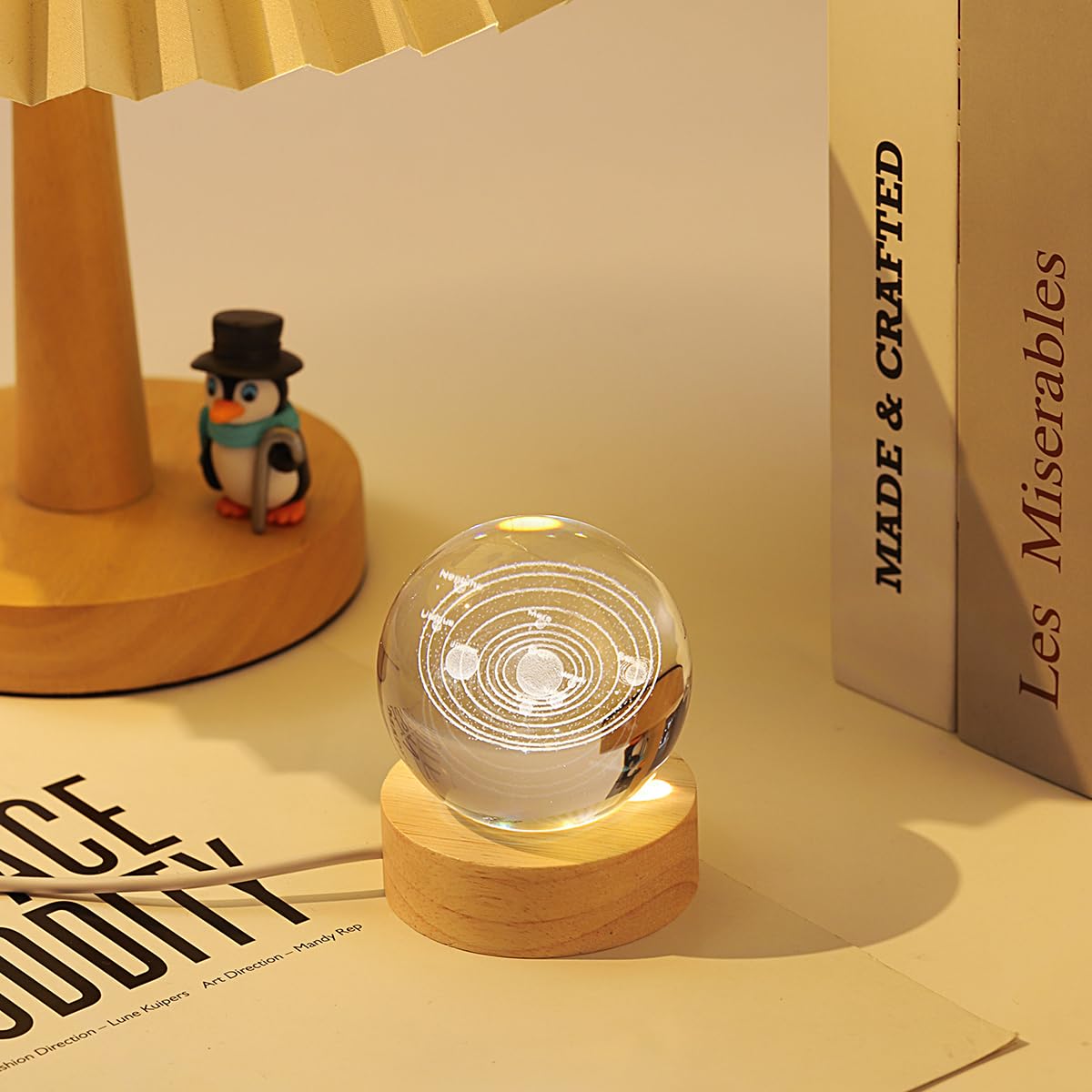 Hochance 3D Solar System Crystal Ball Lamp With Adjustable Brightness Led Wooden Base Night Light For Kids Teens mature-themeds Birthday Gift Home Desk Office Bedroom Decor (6Cm / 2.4 )