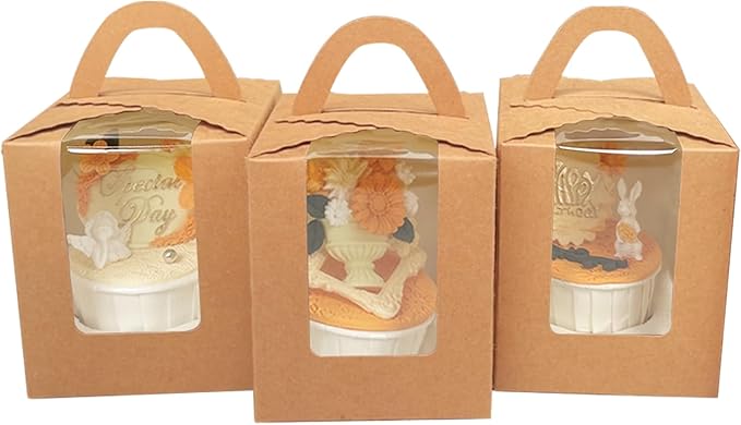 Bakepacker Auto-pop up Individual Cupcake Boxes with Window 60 Count Brown Single Cupcakes Box 3.7 x 3.7 x 4.3inch Cupcake Carrier