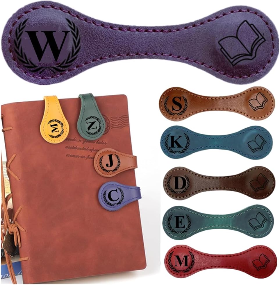 Personlized Magnetic Leather Bookmarks with Initials, Customized Book Marks Clip 26 Letters Bookmark for Reading Women, Men, Kids,Cute Book Markers Meaningful Gift for Book Lovers (Purple, W)