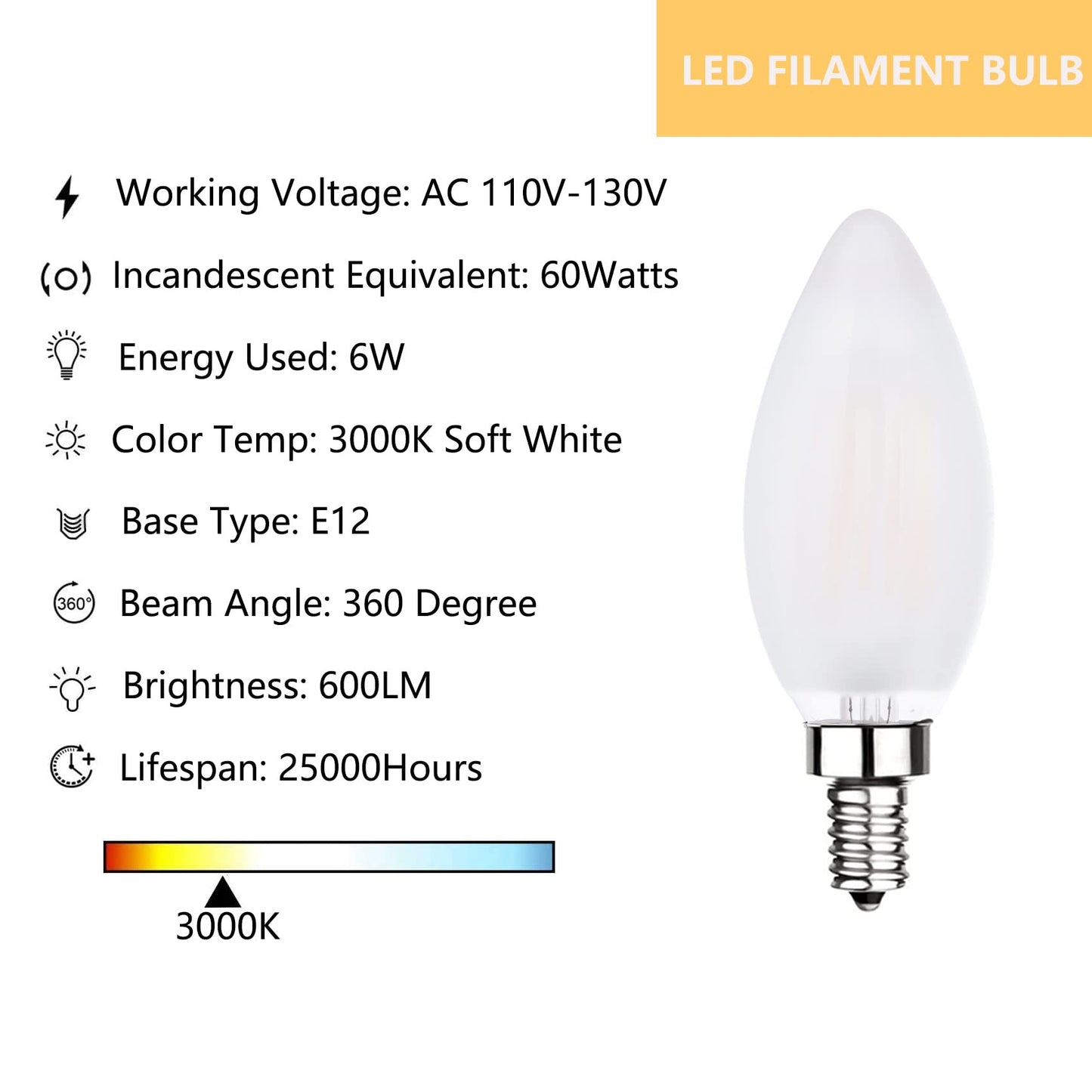 Sunaiony Frosted LED Candelabra Bulbs 6W 3000K Dimmable E12 8 Pack B11 Frosted Glass