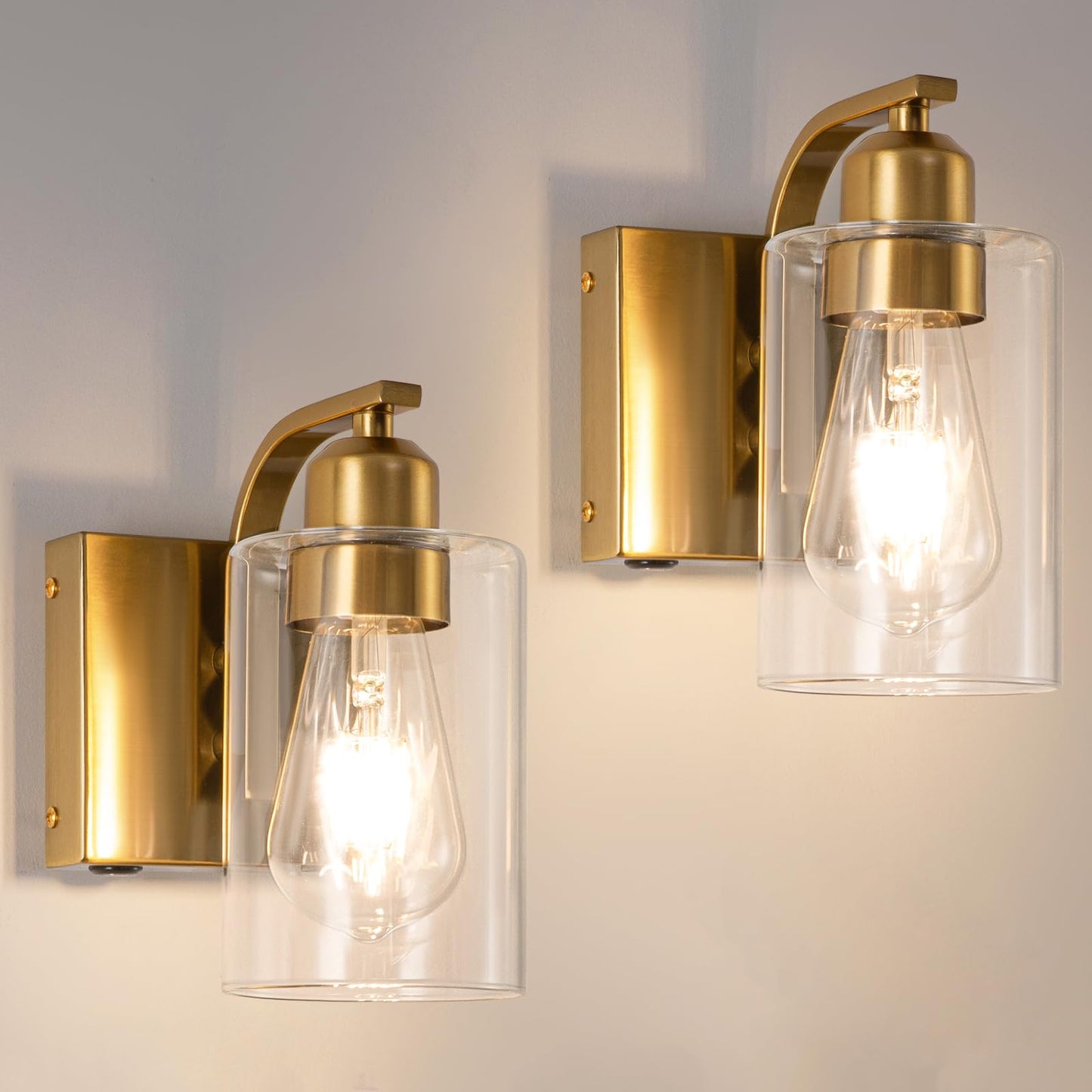 BELS Wall Sconces Set of 2, 8 Inch Gold Battery Operated, Dimmable with Remote, Clear Glass, Model VL-1195WT-GD-2P