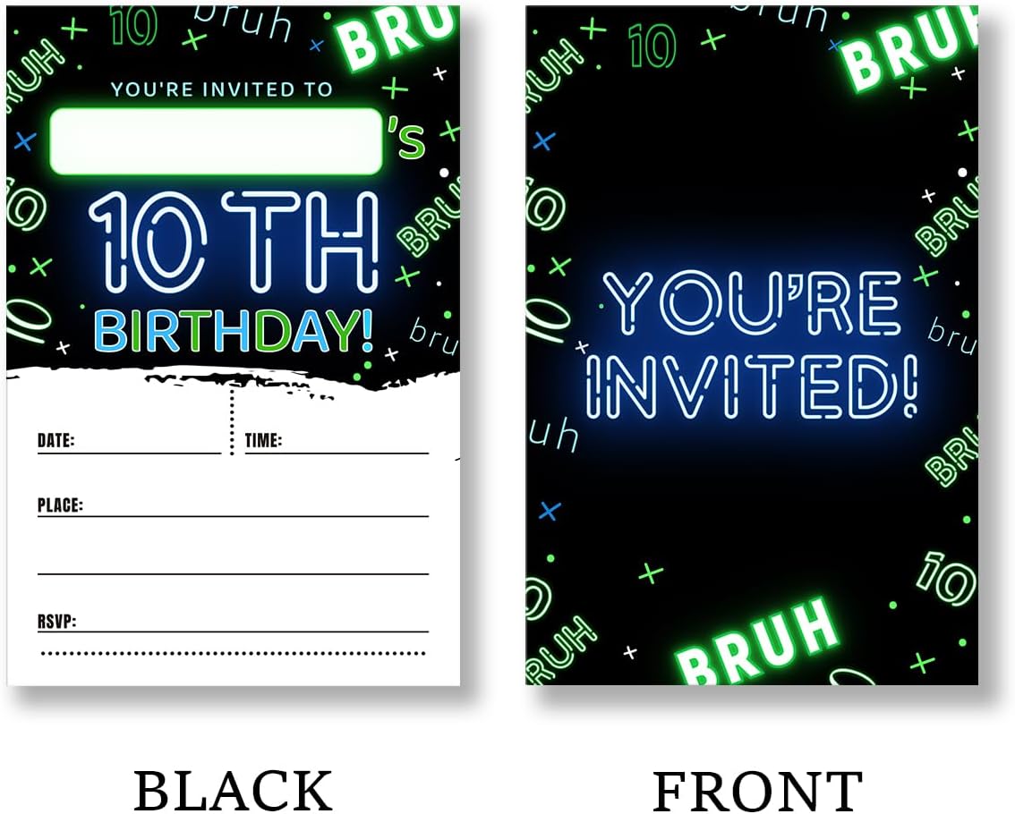 Boy 10Th Birthday Invitation Supplies with Envelopes Set of 20 Bruh You're Invited Birthday Party Invites Fill in Blank, Double Sided