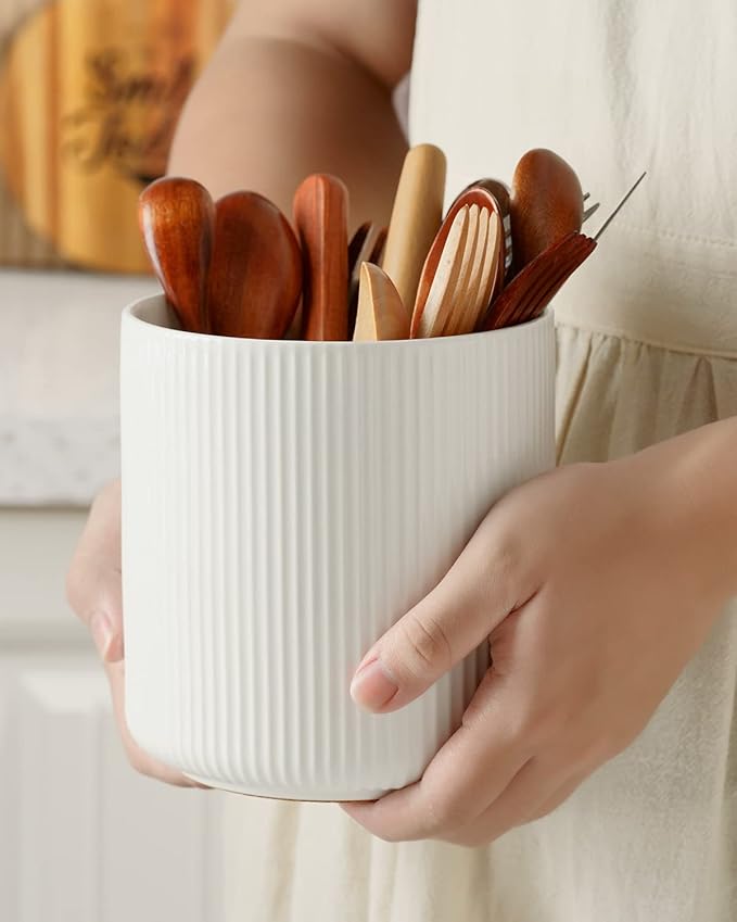 getstar Large Kitchen Utensil Holder for Kitchen Counter (H7.2” x W6.2”), Ceramic Cooking Utensil Holder with Cork Mat (White, Small(5.6"))