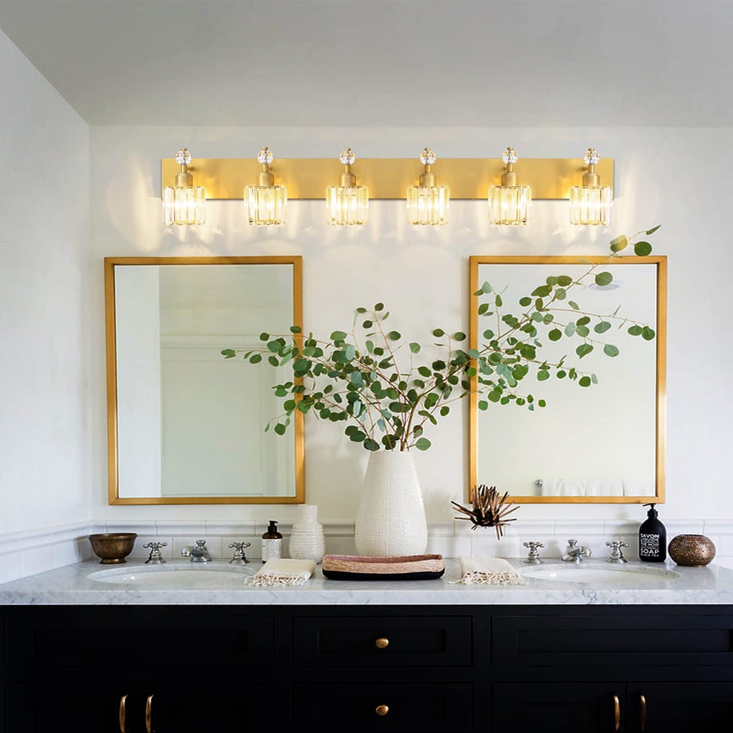 PRESDE 6-Light Bathroom Vanity Light Modern Gold Crystal Fixtures Over Mirror, Stainless Steel, Gold Finish