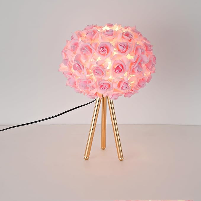 Pink Rose Flower Lamp Cute Table Lamp Flower Desk Lamp Floral Bedside Nighstand Light Atmosphere Girls Princess Lamp with Gold Tripod for Bedroom Wedding Christmas Gift Hotel Living Room
