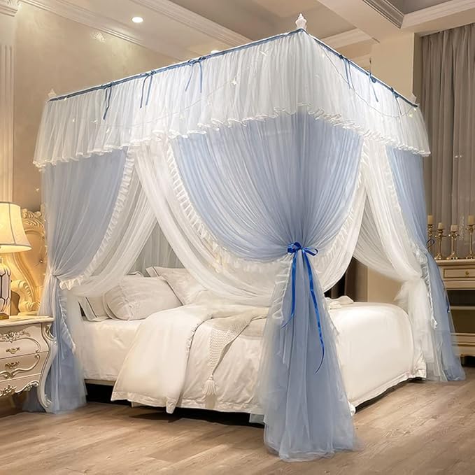 Mengersi Canopy Bed Curtains with Lights,4 Corner Bed Canopy Royal Luxurious Bed Drapes Netting,Princess Bed Curtains for Girls Adults Bedroom Decoration (Gray Blue, Twin)